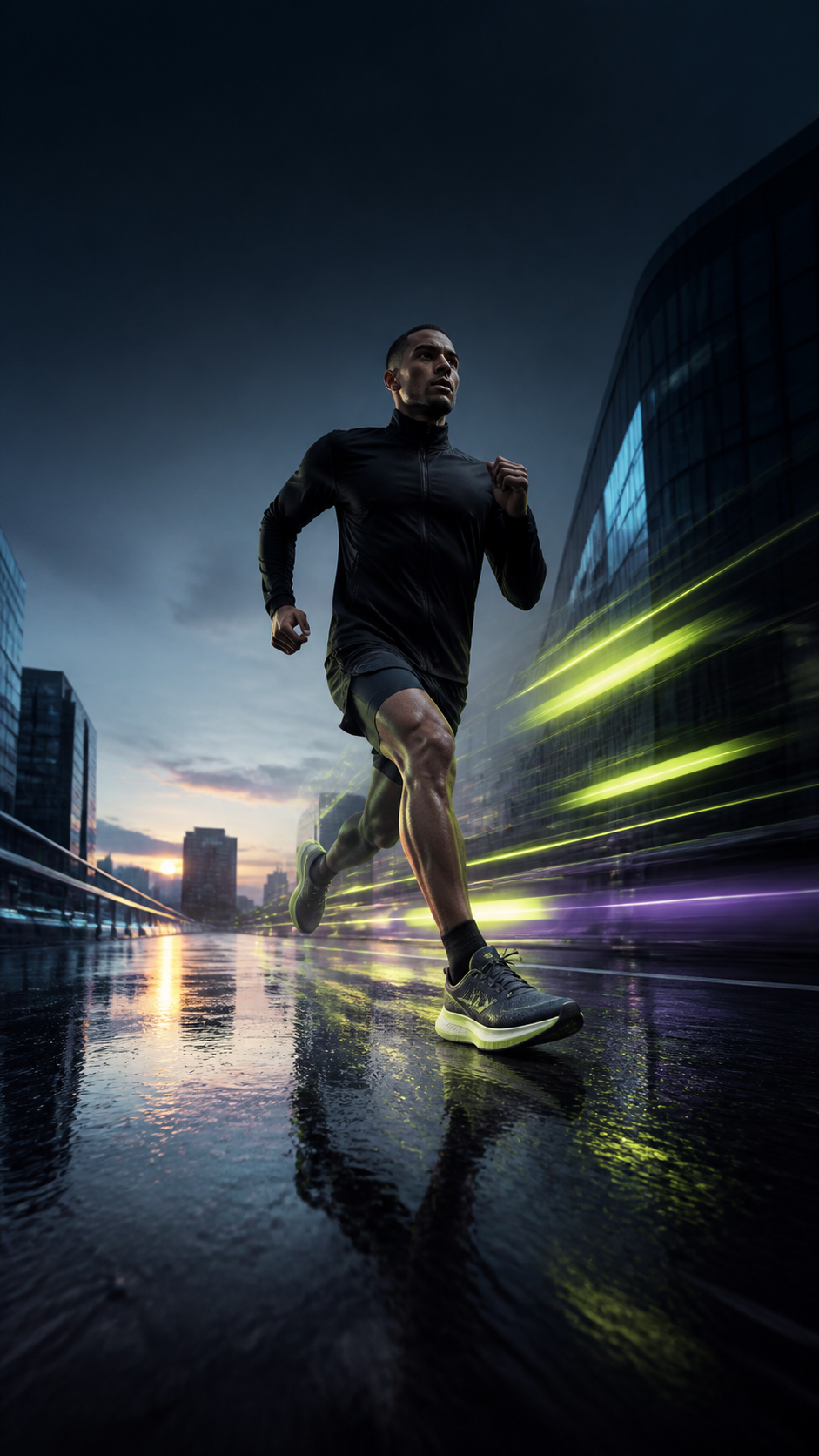 Runner moving through a city at sunrise